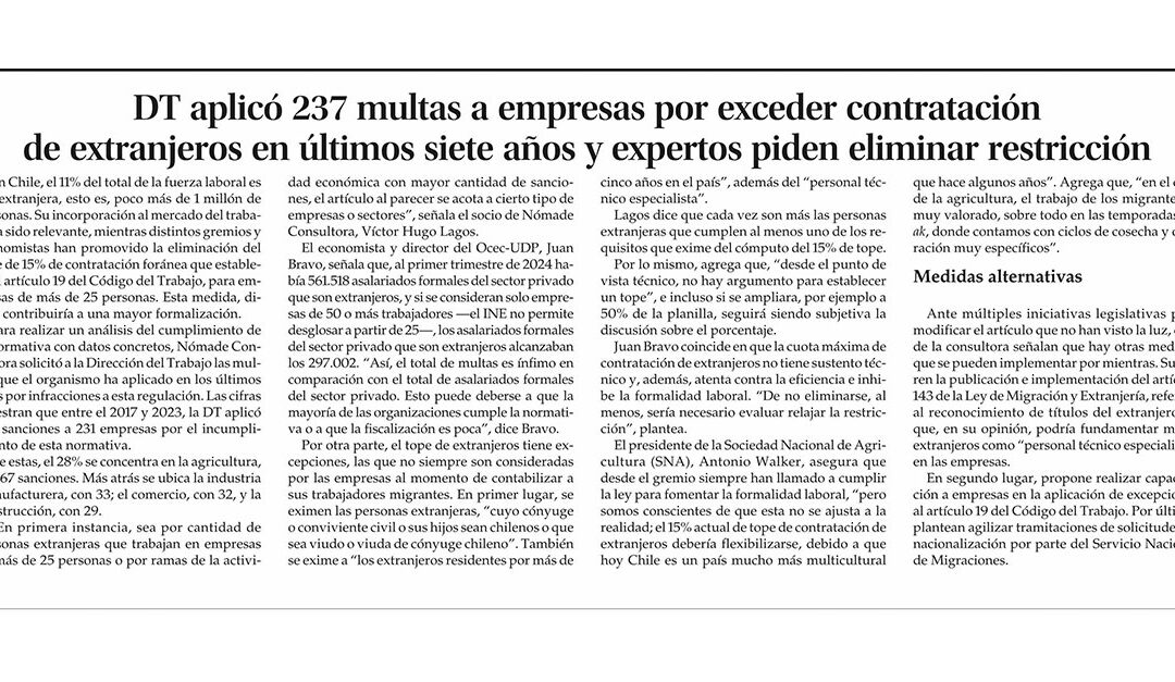 DT aplicó 237 multas a empresas por exceder contratación de extranjeros en últimos siete años y expertos piden eliminar restricción